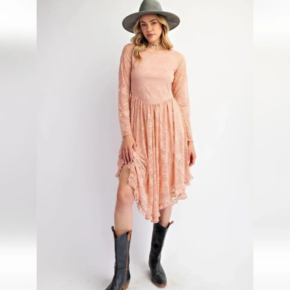 New Easel Lace Layered Long Sleeve Midi Dress Mauve Pink - Picture 3 of 6